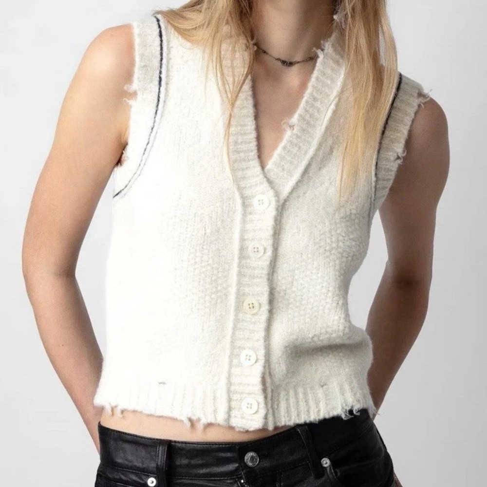 Zadig & Voltaire Karry Cardigan Distressed Sweater Vest Sz M/L black/cream